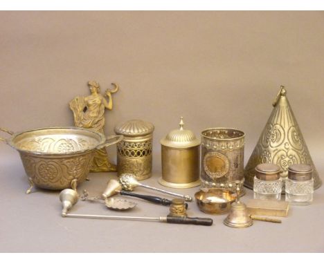 A quantity of metalwares, including two silver topped cut glass bottles, an Indian white metal bowl, a silver ashtray, a silv