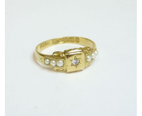 A 15ct gold diamond and split pearl ring, Birmingham 1893, finger size K