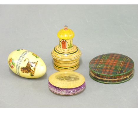 A Mauchline ware pin cushion, in the form of a pavilion, another with a view of Cromer, Norfolk, a tartan ware box, and a box