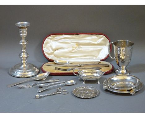 Silver items, to include a candlestick, cup, pin dishes, etc