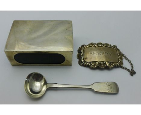 A large silver match box sleeve, a silver decanter label for "SHERRY" and a mustard spoon