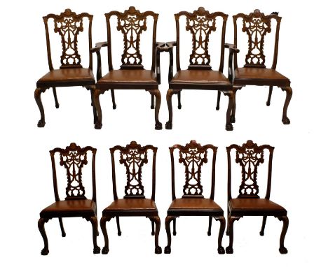 A Set of Eight (6+2) Chippendale-Style Mahogany and Marquetry-Inlaid Dining Chairs, early 20th century, with brown leather dr