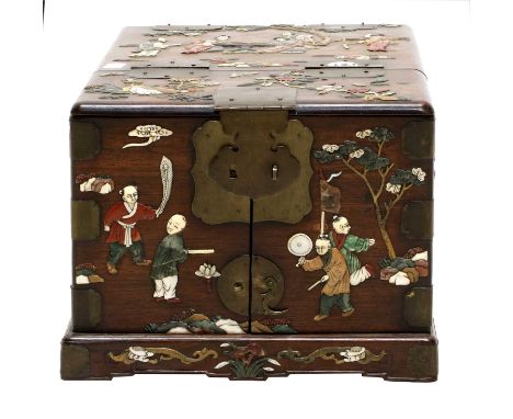 A Japanese Shibayama-Type Hardwood and Brass-Bound Rectangular Dressing Box, late 19th century, overlaid with mother-of-pearl