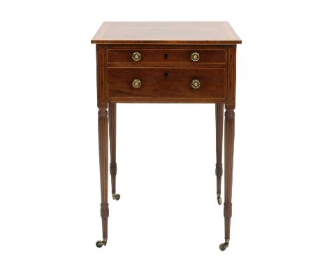 A Late George III Mahogany, Rosewood, Satinwood-Banded and Boxwood-Strung Work Table, early 19th century, the top drawer with