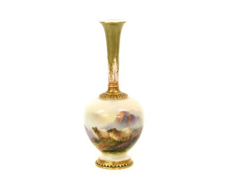 A Royal Worcester Porcelain Vase, by Ernest Barker, 1911, of ovoid form with tall trumpet neck, painted with sheep in a highl