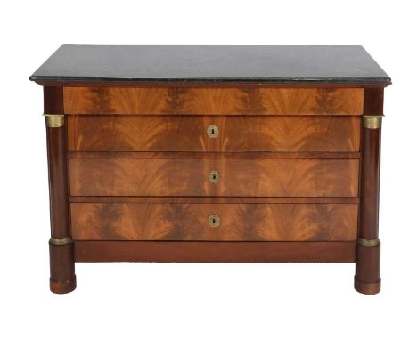 A French Restoration Period Mahogany and Marble-Top Commode, early 19th century, the original speckled black marble top above