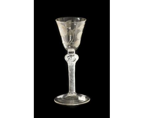 A Jacobite Wine Glass, circa 1750, the rounded funnel bowl engraved with a rose with single bud on a shouldered knopped air t