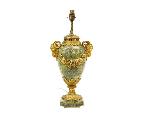 A French Gilt Metal-Mounted Blue and Green Variegated Marble Lamp Base, in Louis XVI style, of ovoid form, the goat's mask ha