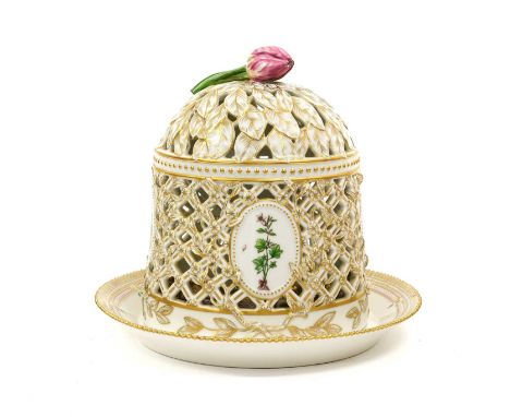 A Royal Copenhagen Porcelain "Flora Danica" Ice Cream Dome and Stand, 1969-74, the tulip finial on a gilt moulded and pierced