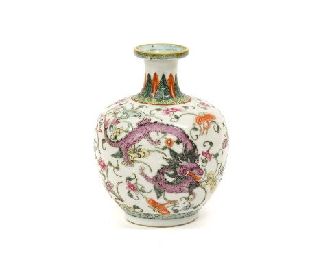 A Chinese Porcelain Vase, 19th century, of ovoid form with trumpet neck, painted in famille rose enamels with dragons amongst