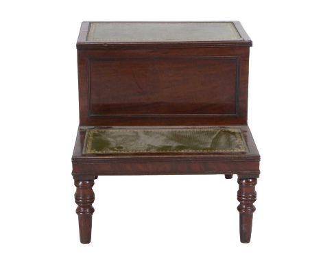 A Set of George III Mahogany Two-Tier Bedsteps, early 19th century, recovered in green and gilt leather, the top step with hi