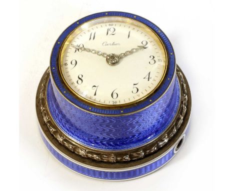 A Rare and Unusual Blue Guilloche Enamel Bell Push Timepiece, signed Cartier, circa 1930, blue guilloche enamel column shaped