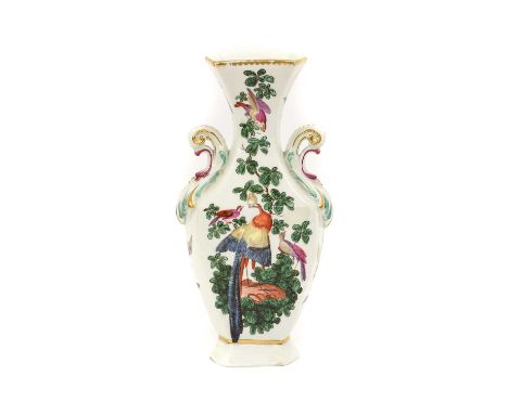 A Chelsea Porcelain Vase, circa 1758-62, of hexagonal baluster form with twin scroll handles, painted with exotic birds among