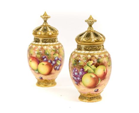 A Pair of Royal Worcester Porcelain Pot Pourri Vases, Covers and Liners, by John Freeman, 2nd half 20th century, of ovoid for