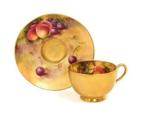 A Royal Worcester Porcelain Cup and Saucer, by Harry Ayrton and Edward Townsend, 1928 and 1930, painted with still lifes of f