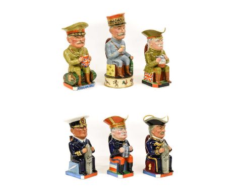 A Set of Six Wilkinson Pottery First World War Allied Commanders Toby Jugs, circa 1915-1919, designed by Sir Francis Carruthe