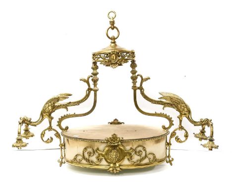 A French Gilt Metal Five-Light Ceiling Light, mid 19th century, the central boss flanked by two mythical beast branches each 