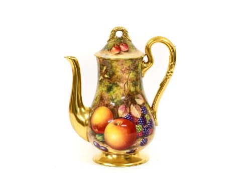 A Royal Worcester Porcelain Coffee Pot and Cover, by John Freeman, 2nd half 20th century, of baluster form, painted with stil