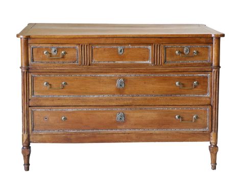 A French Louis XV Provincial Walnut Straight-Front Commode, late 18th century, the moulded top above three short and two long