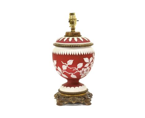 A Victorian Metal-Mounted Cameo Glass Lamp Base, probably Thomas Webb, circa 1880, in deep red overlaid in white, of ovoid fo