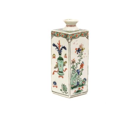 A Chinese Porcelain Flask, Kangxi, of square section with waisted cylindrical neck, painted in famille verte enamels with pre