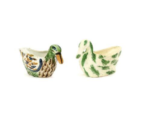 A Creamware Duck Sauce Boat, circa 1780, of traditional form with splashed green glazes18cm longA Similar Pratt-Type Example,