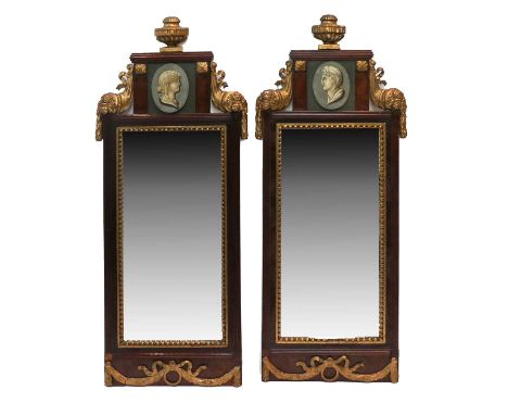 A Pair of Danish Mahogany, Parcel Gilt and Painted Wall Mirrors, late 18th/early 19th century, with later rectangular mirror 