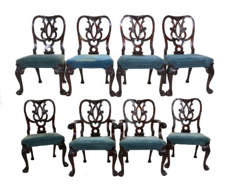 A Set of Eight (6+2) Chippendale-Style Carved Mahogany Dining Chairs, 19th/early 20th century, covered in green and blue velv