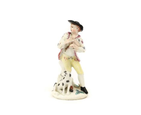 A Bow Porcelain Figure of a Shepherd, circa 1758, leaning against a tree trunk playing the bagpipes, a dismal hound at his fe