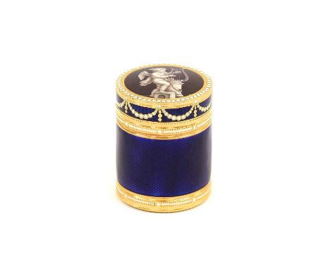 An English Enamel-Mounted Gold Box and Cover, circa 1780, of cylindrical form the hinged cover set with a panel depicting Cup