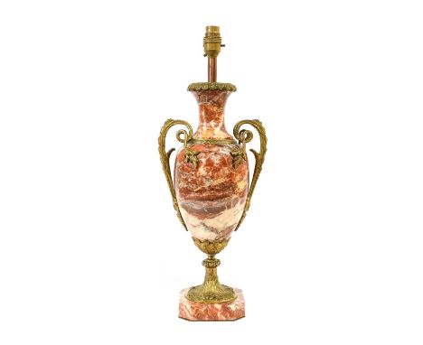 A French Gilt Metal-Mounted Rouge Marble Lamp Base, in Louis XV style, of baluster form with entwined leaf-scrolled handles, 