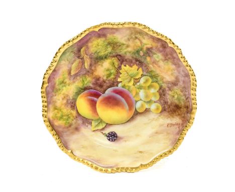 A Royal Worcester Porcelain Side Plate, by Stanley, 2nd half 20th century, painted with a still of fruit on a mossy bank with