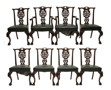 A Set of Eight (6+2) Chippendale Revival Carved Mahogany Dining Chairs, circa 1900, covered in green leather, the C scroll to
