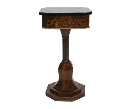 A Regency Rosewood and Polychrome Painted Work Table, early 19th century, the octagonal shape top painted with a figure and s