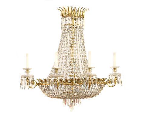 A Gilt Metal-Mounted Cut Glass Chandelier, 20th century, the crown hung with pendant drops and with strings of button drops o