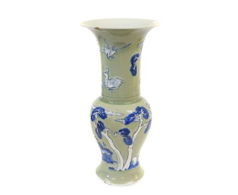 A Chinese Porcelain YenYen Vase, Kangxi, moulded and painted in underglaze blue and red with a scholar and animals amongst pi