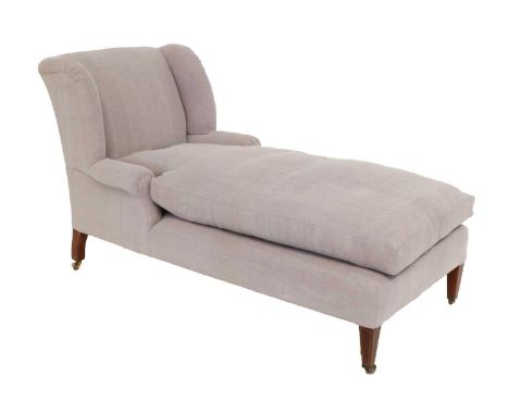 A Late 19th Century Day Bed, in the manner of Howard &amp; Sons, recovered in light grey fabric, with wing-back support and r