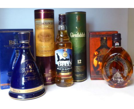 Glenmorangie 10 Year Old; Glenfiddich 12 Year Old; Dimple 12 Year Old; Bell's 2002 Golden Jubilee Decanter; Bells Help the He