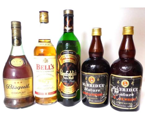 McBride's Mature Scotch Whisky, 26 2/3fl ozs, 70 proof (x2); Glenfiddich Pure Malt, 26 2/3fl ozs, 70 proof; Bell's 8 Year Old