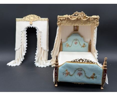 Ornate Lit Canopied Bed and Swag Curtains with Pelmet. (550g).The bed has a small light with wiring (untested). A little tlc 