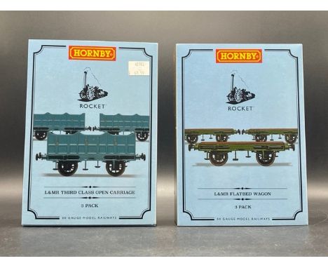 Two Hornby Coach/Wagon packs 'As New'(350g)Hornby R60014 4 wheel Liverpool and Manchester Railway flat wagons - pack of three
