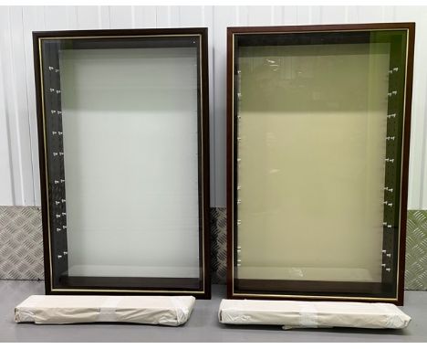 Two wooden wall mounted display cabinets, with 10 glass adjustable shelves, suitable for models of a depth of 85mm Dark wood 