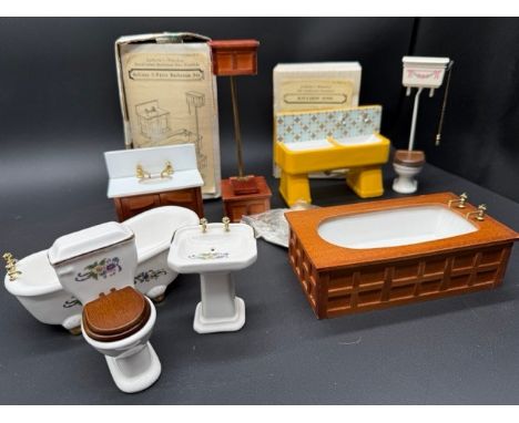 Dolls House Bathroom Sets & Kitchen Sink (1000g)De-Luxe 3-Piece Bathroom Set - Collectors Miniature Handcrafted Hardwood Over