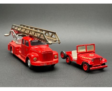 Tekno 445 Scania Vabis Fire truck, with Tekno 814 Jeep - vintage Made in Denmark(350g)Fire truck ladder operable, some rust t
