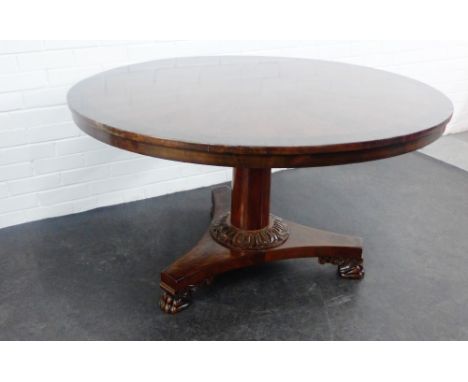 19th century mahogany and rosewood breakfast table, the circular top on column and tripod base with claw feet, 70 x 122cm