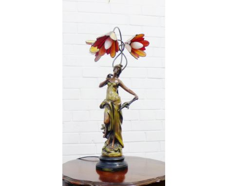 After Moreau an Art Nouveau style figural table lamp base with triple stained glass shades, 70 x 34cm 