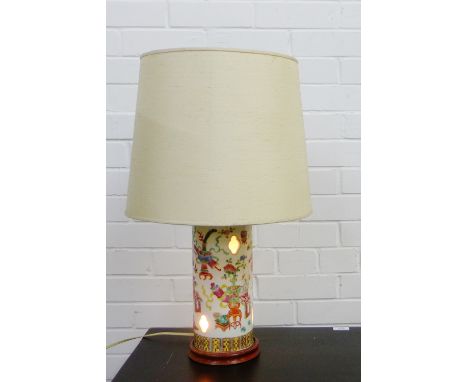 Chinese famille rose table lamp base with pierced motifs, complete with shade, height overall 61cm