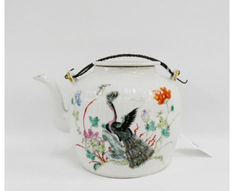 Chinese teapot, the white ribbed body painted with Peacock, Butterfly and Flowers, seal mark to the base, 12cm high