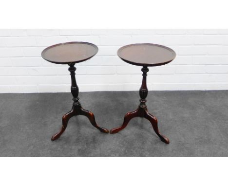 Pair of mahogany pedestal wine tables on tripod supports with circular dished tops, 50 x 29cm (2) 