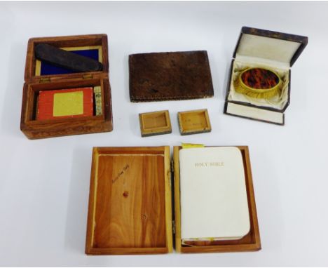 Collection of various wooden trinket boxes containing a clothes brush, Holy bible and dice etc  (4) 